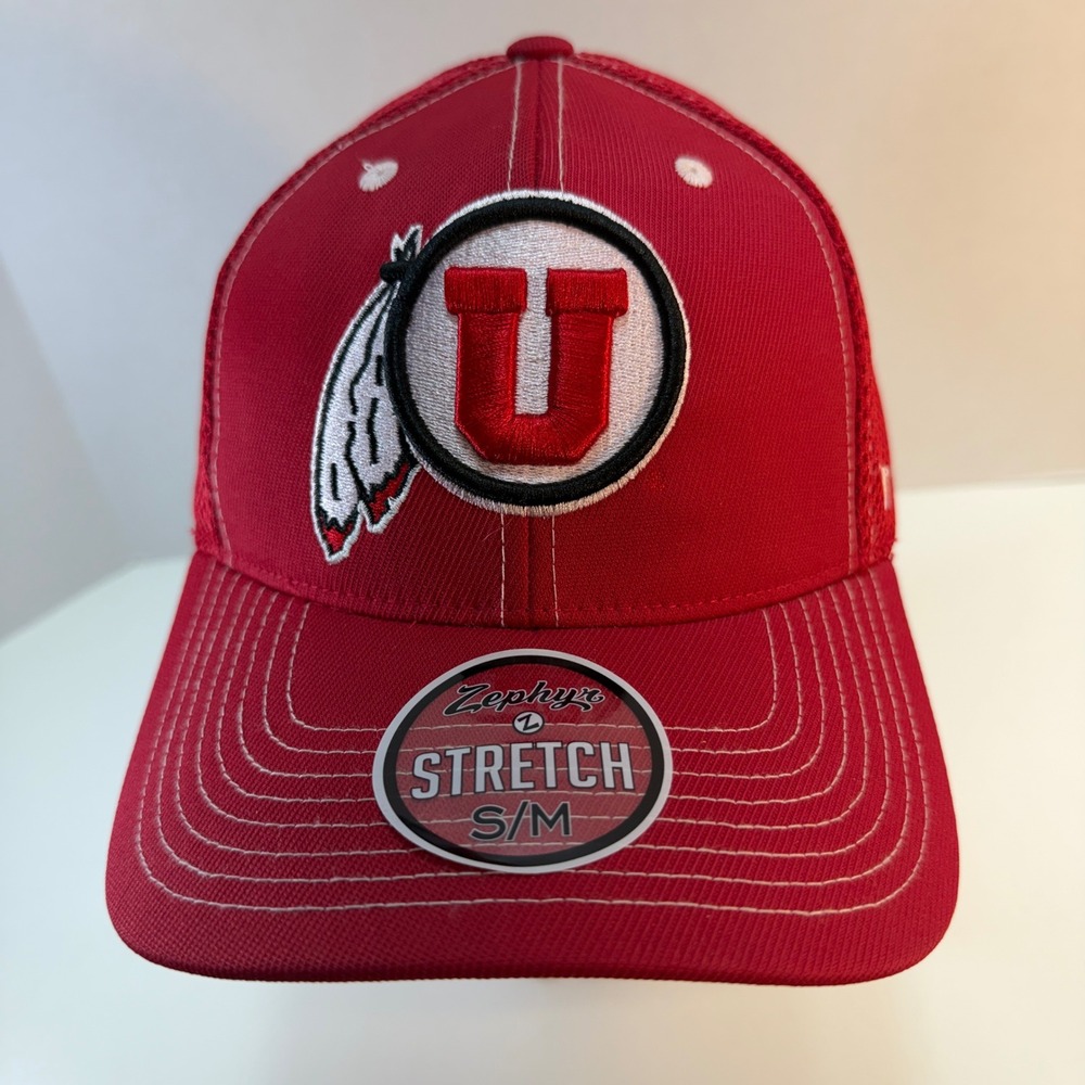 Utah Utes Zephyr Hat Mens S/M Small Medium Red Mesh Back Stretch Fit Cap NCAA